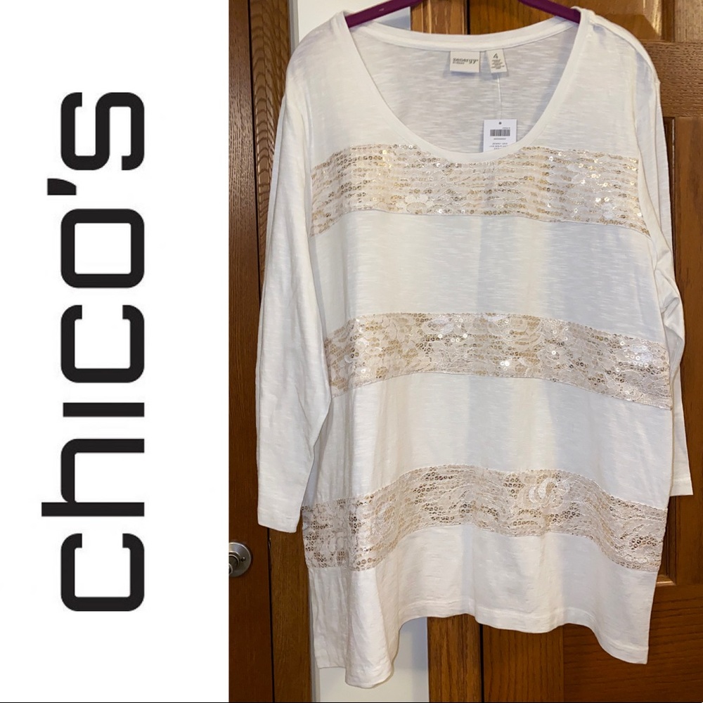 NWT Size 4 Chico’s Zenergy Jodie Lace Sequin Top